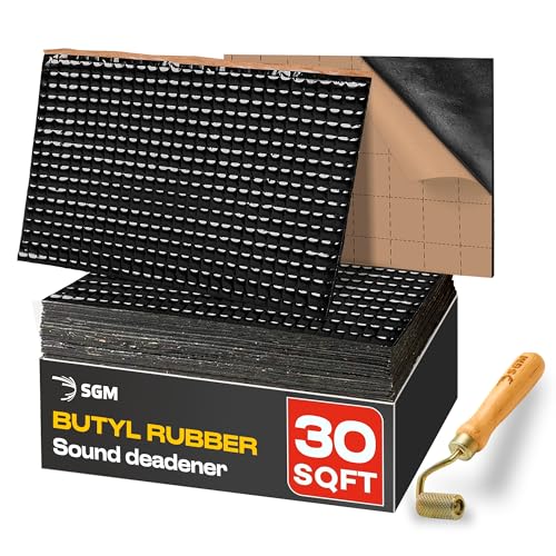SGM Black Premium Car Sound Deadening Mat 80 mil (2mm) 30 sqft (2.78 sqm) with Installation Roller Set, Automotive Sound Deadener, Self Adhesive Butyl Car Sound Deadening Material, Audio Insulation