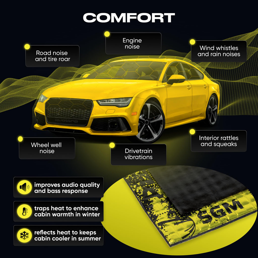 SGM Gold Exclusive Car Sound Deadening Mat 80 mil (2mm) 18 sqft (1.67 sqm), Automotive Sound Deadener, Self Adhesive Butyl Car Sound Deadening Material, Audio Noise Insulation and Dampening Sheets