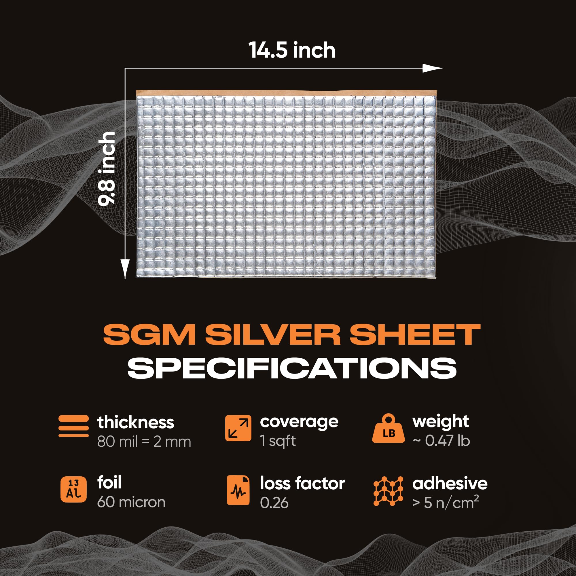SGM Silver Сar Sound Deadening Mat 80 mil (2mm) 10 sqft (0.92 sqm), Automotive Sound Deadener, Self Adhesive Butyl Car Sound Deadening Material, Audio Noise Insulation and Dampening Sheets