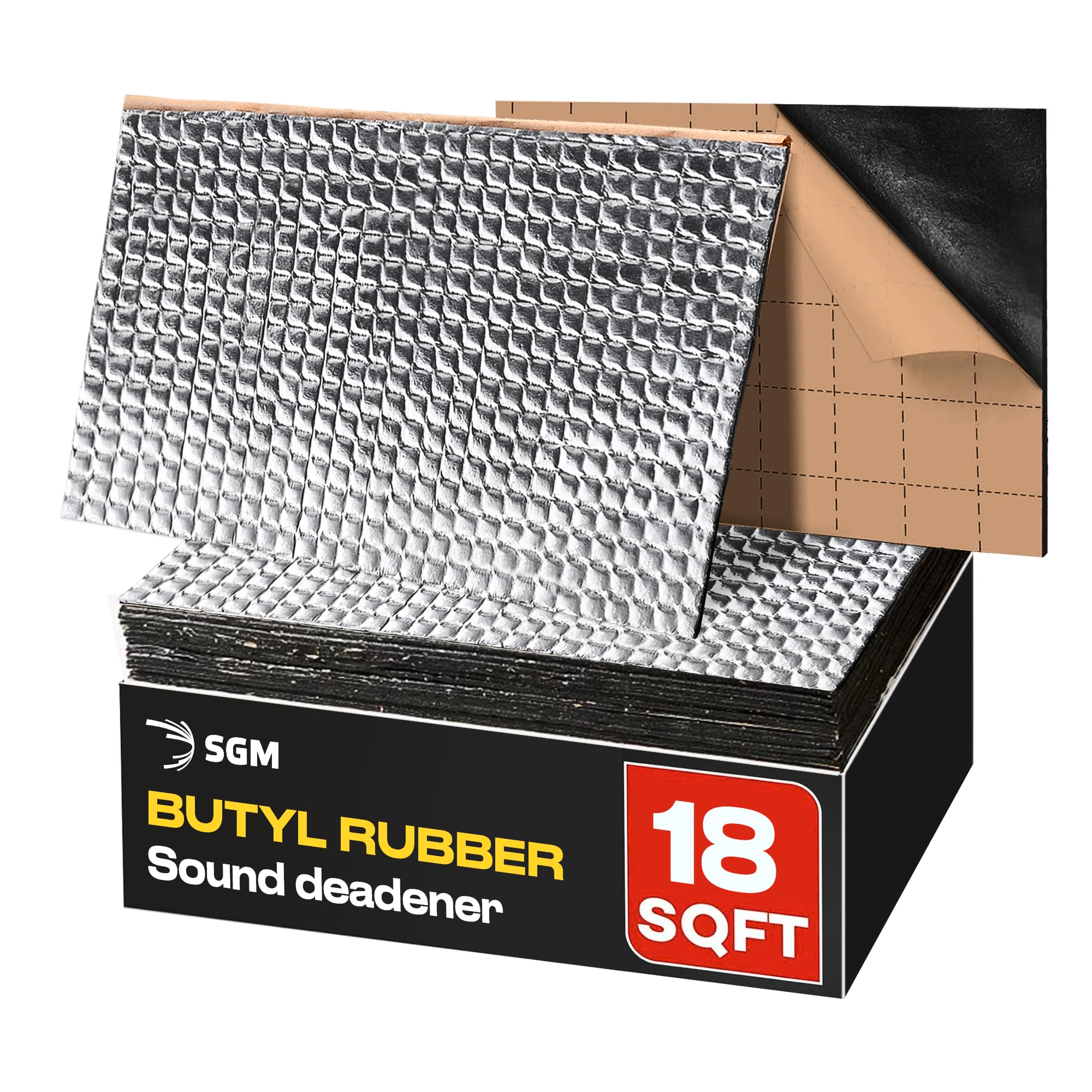 SGM Silver Car Sound Deadening Mat 80 mil (2mm) 18 sqft (1.67 sqm), Automotive Sound Deadener, Self Adhesive Butyl Car Sound Deadening Material, Audio Noise Insulation and Dampening Sheets
