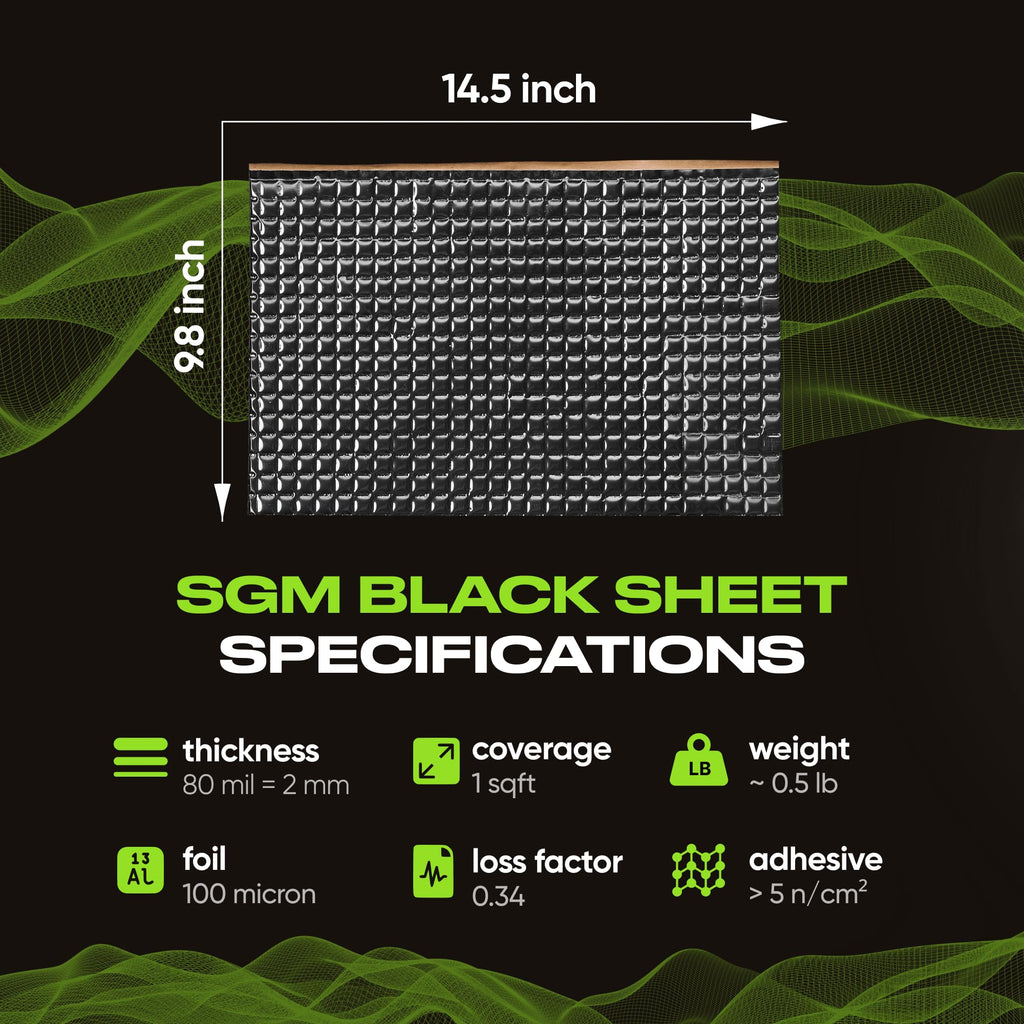 SGM Black Premium Car Sound Deadening Mat 80 mil (2mm) 10 sqft (0.92 sqm), Automotive Sound Deadener, Self Adhesive Butyl Car Sound Deadening Material, Audio Noise Insulation and Dampening Sheets