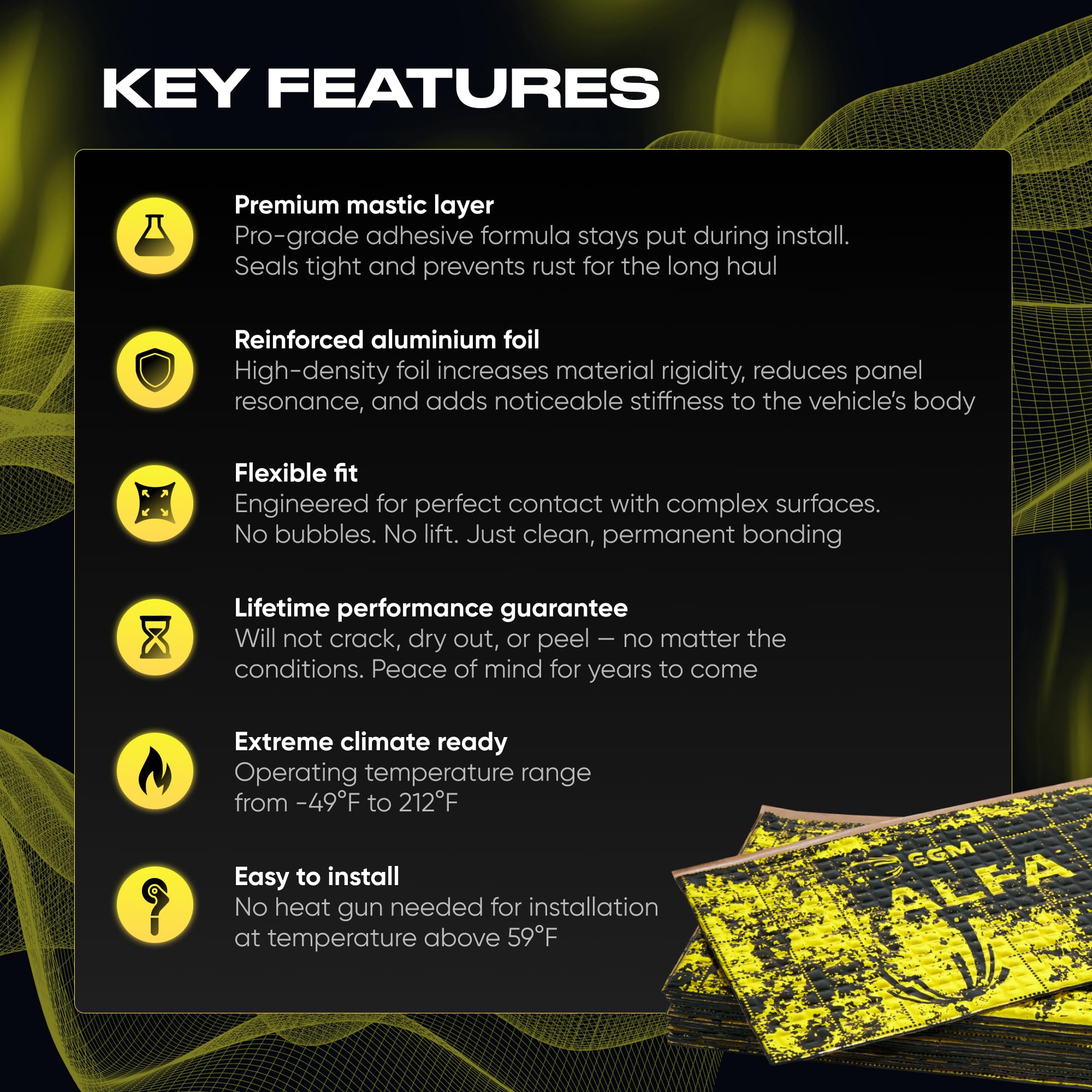 SGM Gold Exclusive Car Sound Deadening Mat 80 mil (2mm) 10 sqft (0.92 sqm), Automotive Sound Deadener, Self Adhesive Butyl Car Sound Deadening Material, Audio Noise Insulation and Dampening Sheets