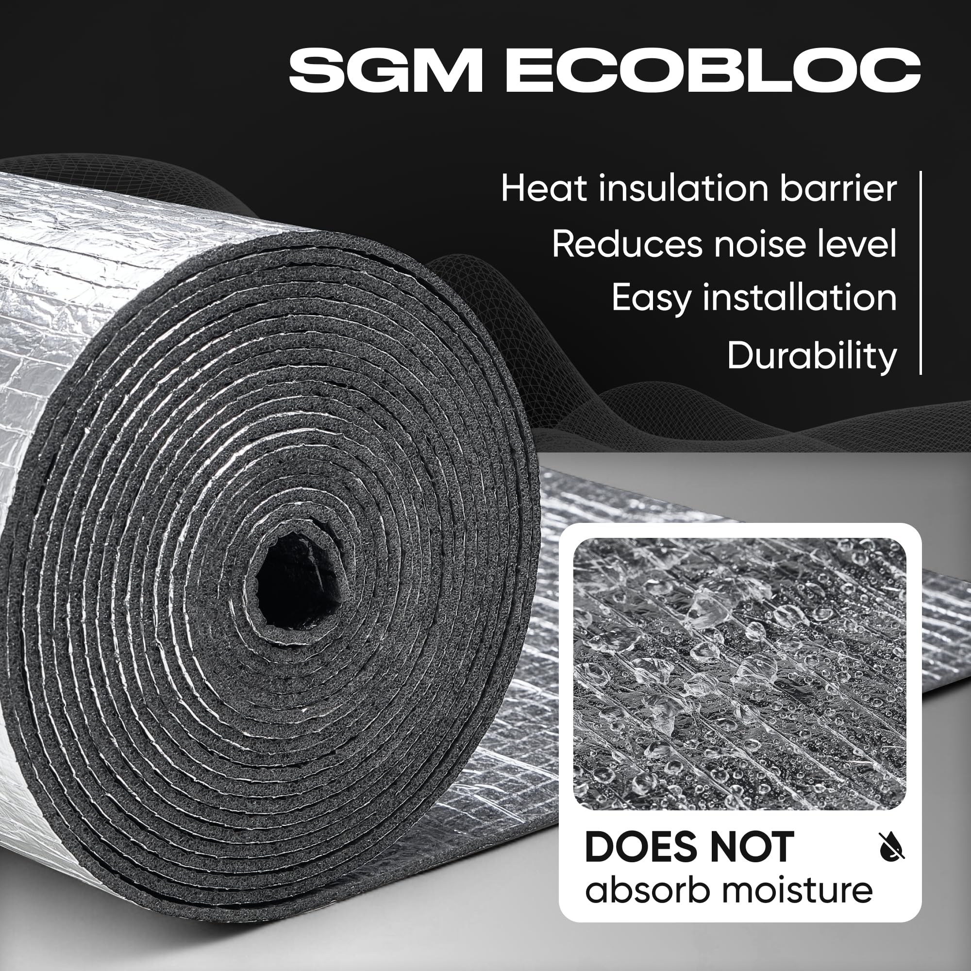 SGM Ecobloc 160 mil (4mm) 36 sqft (3.4 sqm) Car Sound Deadener Roll & Heat Shield, Closed Cell PE Foam + Aluminum, Noise Reduction & Thermal Insulation for Roof, Doors, Trunk, Floor DIY Easy Instal